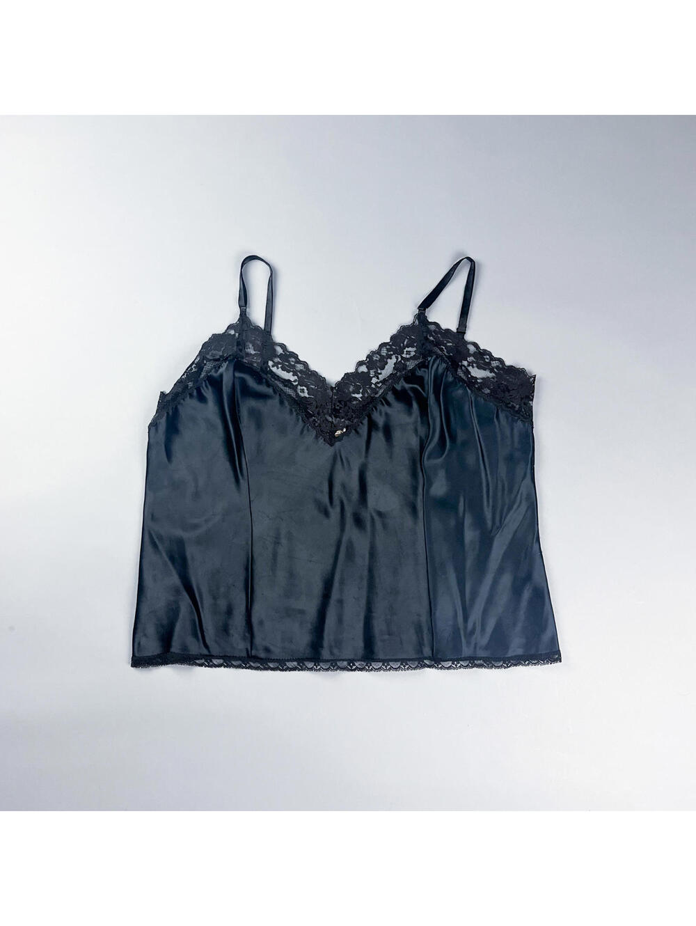 Vintage Black Nylon Camisole with Lace Trim